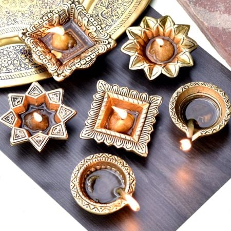 Golden Brass Diwali Diya Designer Decorative Deepak Pack of 6 Diyas